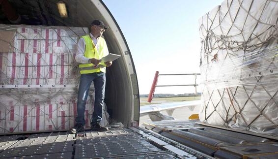 A logistic worker stands in the cargo compartmentof an airplane