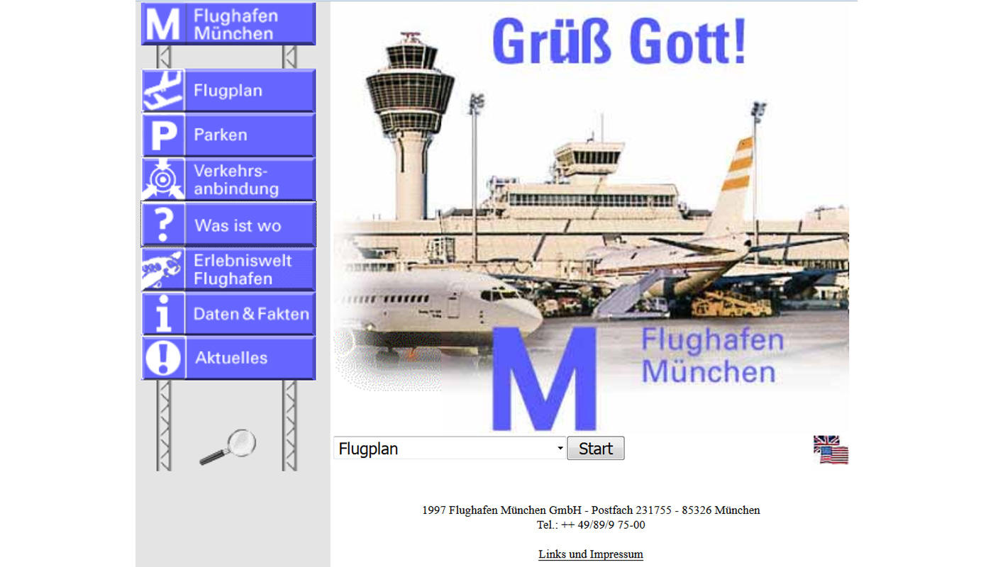 Webseite Flughafen München (1997) Webseite des Flughafens München im Jahr 1997