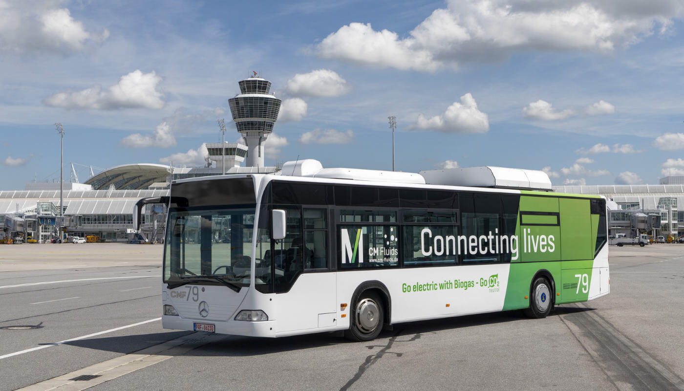 Electric passenger bus at Munich Airport Munich Airport's vehicle fleet, such as the passenger bus, is being continuously electrified and existing fossil fuel passenger buses are being rebuilt to use methane from natural renewable sources.