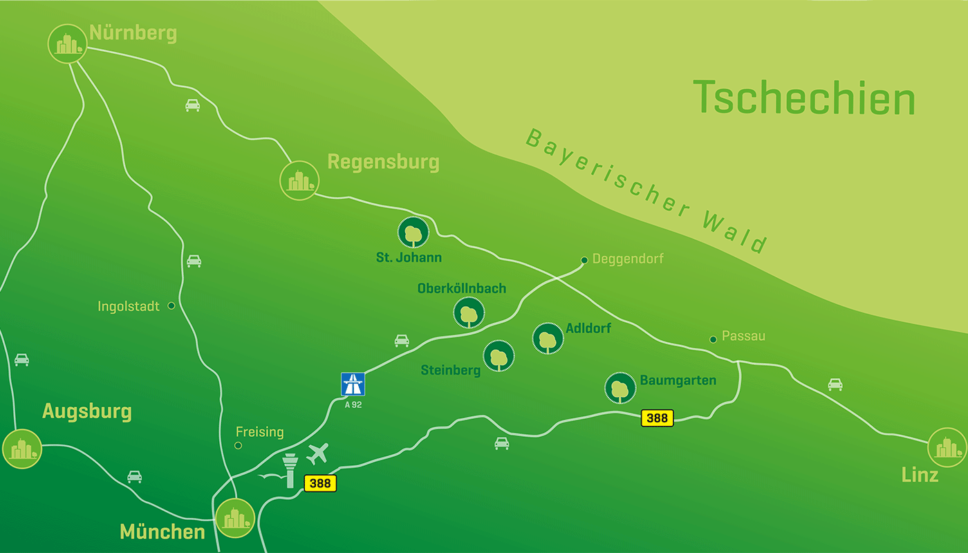Standorte Klimawald Standorte des Klimawalds: St. Johann, Oberköllnbach, Steinberg, Adldorf, Baumgarten