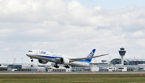 Abflug der Fluggesellschaft ANA am Münchner Flughafen