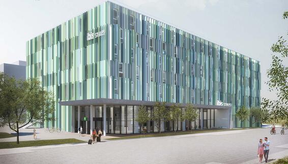 Rendering Ibis Styles Hotel am Flughafen München: Südlich des Novotels entsteht ein drittes Hotel auf dem Flughafenareal. 