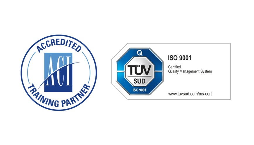 Logo ACI Accredited Training Partner (ATP) and logo of TUEV SUED DIN ISO9001 (quality management system)