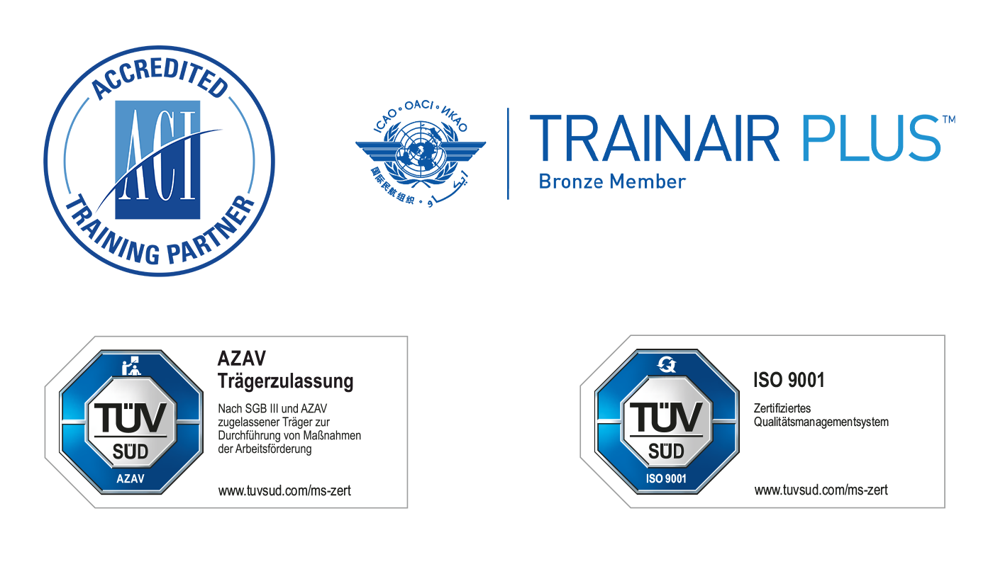 AirportAcademy: zertifiziertes Trainingsinstitut Logos und Zertifizierungen : ACI, ICAO Trainair Plus Member, TÜV Süd AZAV Zulassung, TÜV SÜD Zertifiziertes Qualitätsmanagementsystem nach DIN ISO 9001.