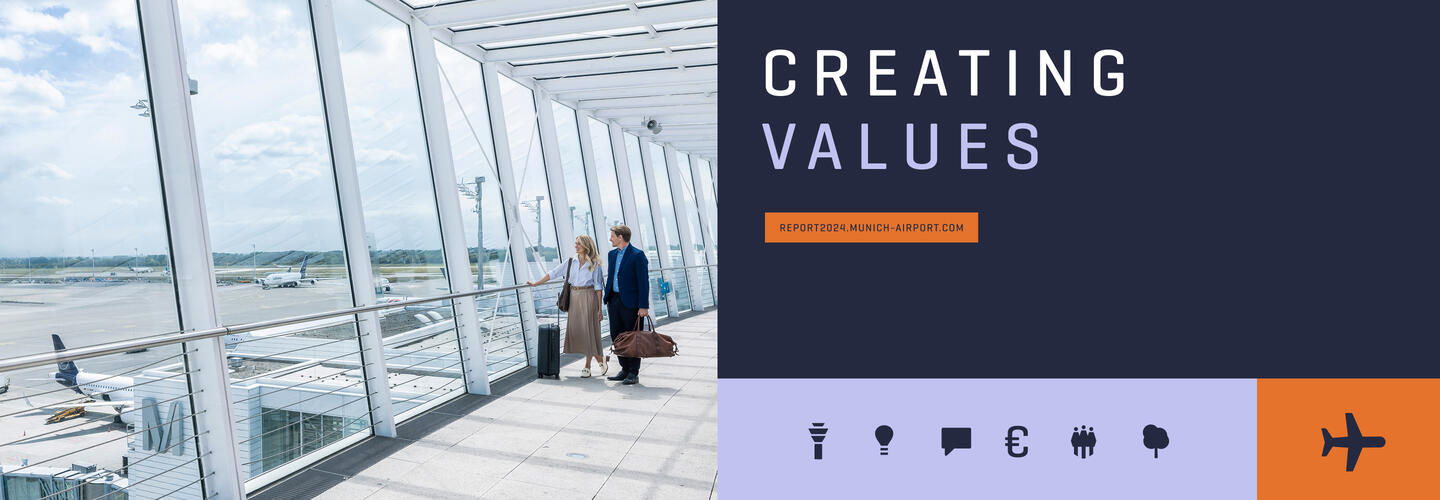 CREATING VALUES People stand in the glass passageway at Munich Airport; next to them is a dark blue banner with the words “Creating Values” and icons relating to travel and infrastructure.