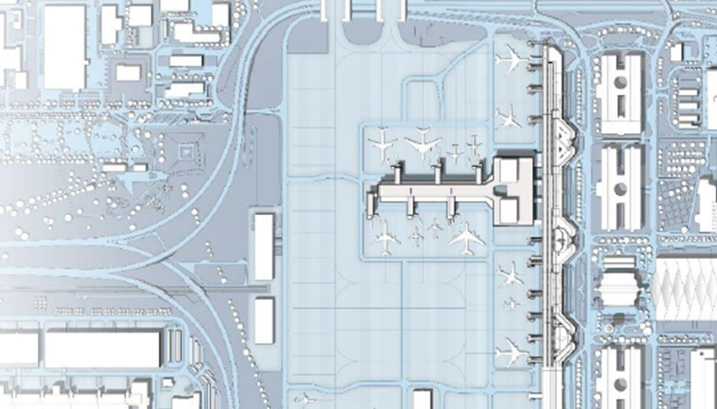 Neuer Flugsteig Terminal 1 Das Bild zeigt eine schematische, blau-weiße Darstellung des Flughafen Münchens aus der Vogelperspektive. Zu sehen sind Flugzeuge an mehreren Gates, Zufahrtsstraßen, Parkflächen sowie verschiedene Terminal- und Servicegebäude.