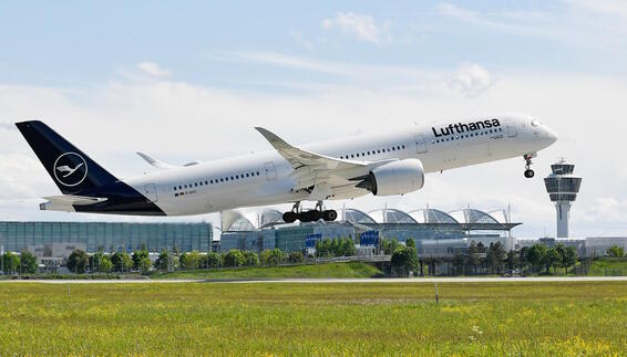 Lufthansa A350 aircraft taking off at Munich Airport