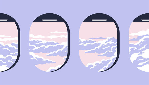 Illustration mehrerer Flugzeugfenster, durch die pastellfarbene Wolken in Rosa und Blau zu sehen sind, vor einem hellvioletten Hintergrund.