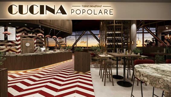 Gastro-Rendering mit Tischen und Theke