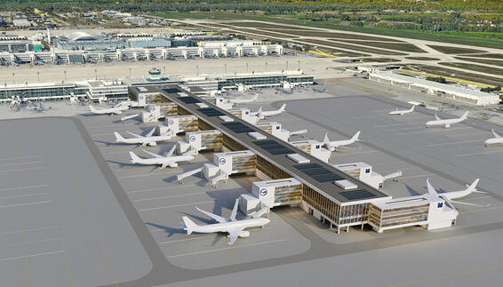 Der sogenannte "T-Stiel" soll im Osten rechtwinkelig an das bestehende Satellitengebäude angeschlossen werden.