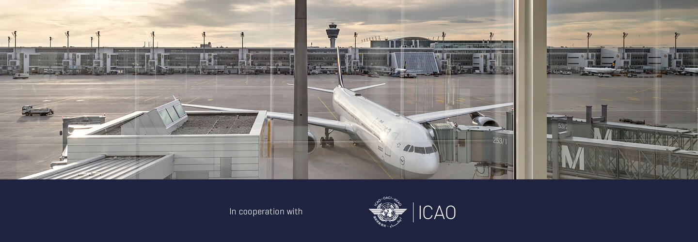 ICAO courses at Munich Airport Aircraft at a jet bridge on the apron of Munich Airport, with terminal buildings and airport operations visible in the background.