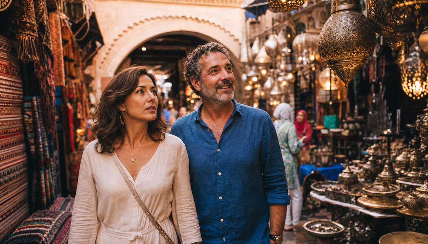 Markt in Marokko Das Bild zeigt einen engen, lebhaften Souk (Markt) mit Teppichen und vielen kunstvollen Metalllampen, wie man ihn typisch in Marokko findet. Zwei Personen gehen durch die Gasse und schauen sich die Auslagen in diesem traditionellen nordafrikanischen Markt an.