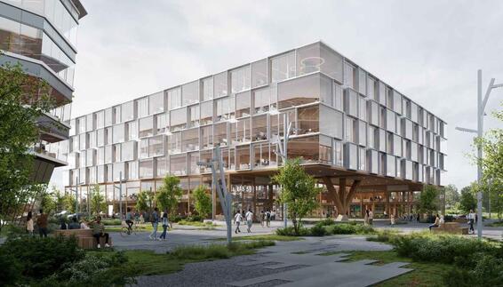 Modernes LabCampus-Gebäude mit großzügigen Glasfassaden und offenen Arbeitsbereichen. Menschen bewegen sich über begrünte Wege und Plätze, während Unternehmen, Forschung und Innovation an einem lebendigen Campus zusammenkommen. Die offene Architektur vermittelt Vernetzung, Fortschritt und die Dynamik eines internationalen Innovationsökosystems am Flughafen München.