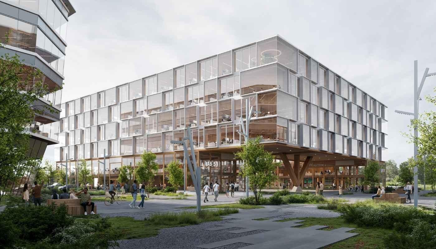 LabCampus München – Innovationscampus direkt am Flughafen München Modernes LabCampus-Gebäude mit großzügigen Glasfassaden und offenen Arbeitsbereichen. Menschen bewegen sich über begrünte Wege und Plätze, während Unternehmen, Forschung und Innovation an einem lebendigen Campus zusammenkommen. Die offene Architektur vermittelt Vernetzung, Fortschritt und die Dynamik eines internationalen Innovationsökosystems am Flughafen München.