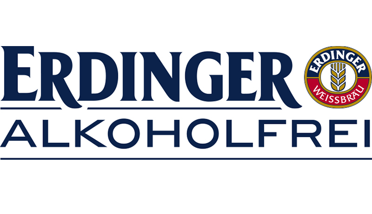 ERDINGER Alkoholfrei Logo von ERDINGER Alkoholfrei mit dunkelblauem Schriftzug und dem ERDINGER-Weißbräu-Siegel auf hellem Hintergrund.