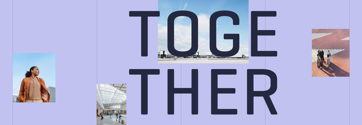 Integrierter Bericht 2025 - TOGETHER Slogan "TOGETHER" und drei verschiedene Bilder von Menschen und ein Bild vom Flughafen