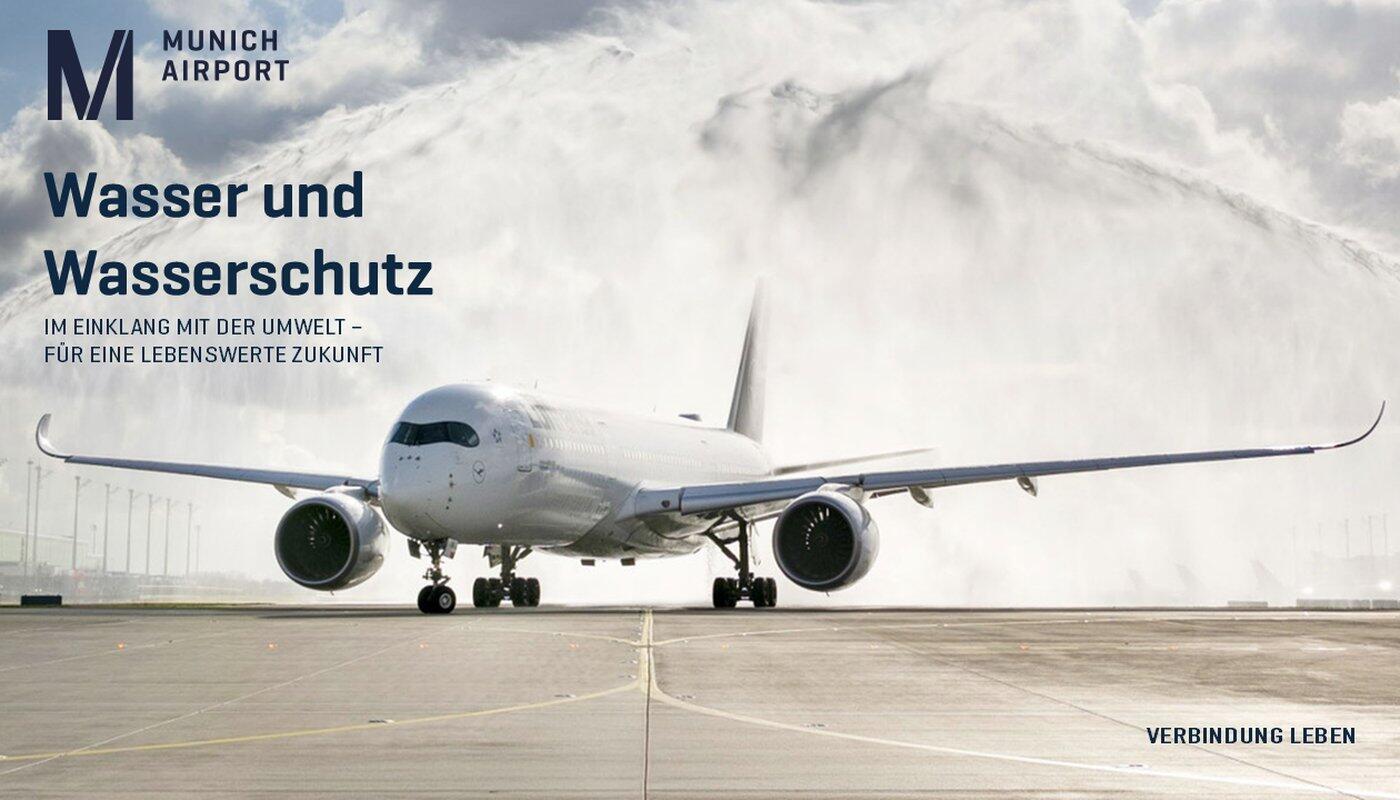 Titel Wasserbroschüre Flugzeug wird mit Wasser bespritzt